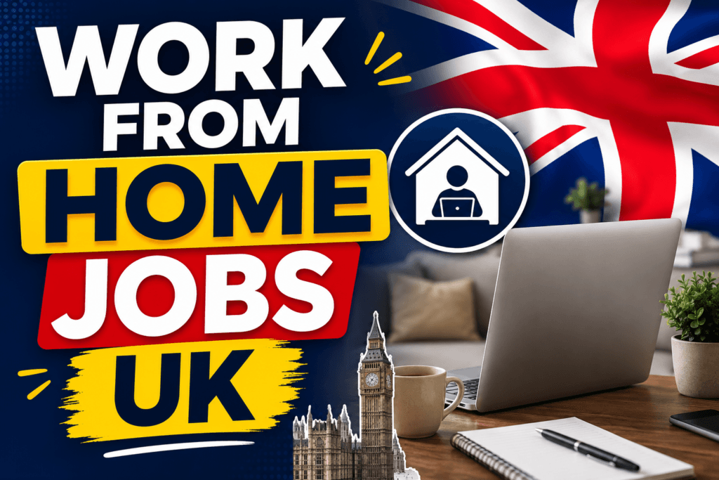 Work From Home Jobs in UK average salary by role, bar chart comparing Chief Financial Officer, Data Scientist, Software Developer, UX/UI Designer, and Virtual Assistant