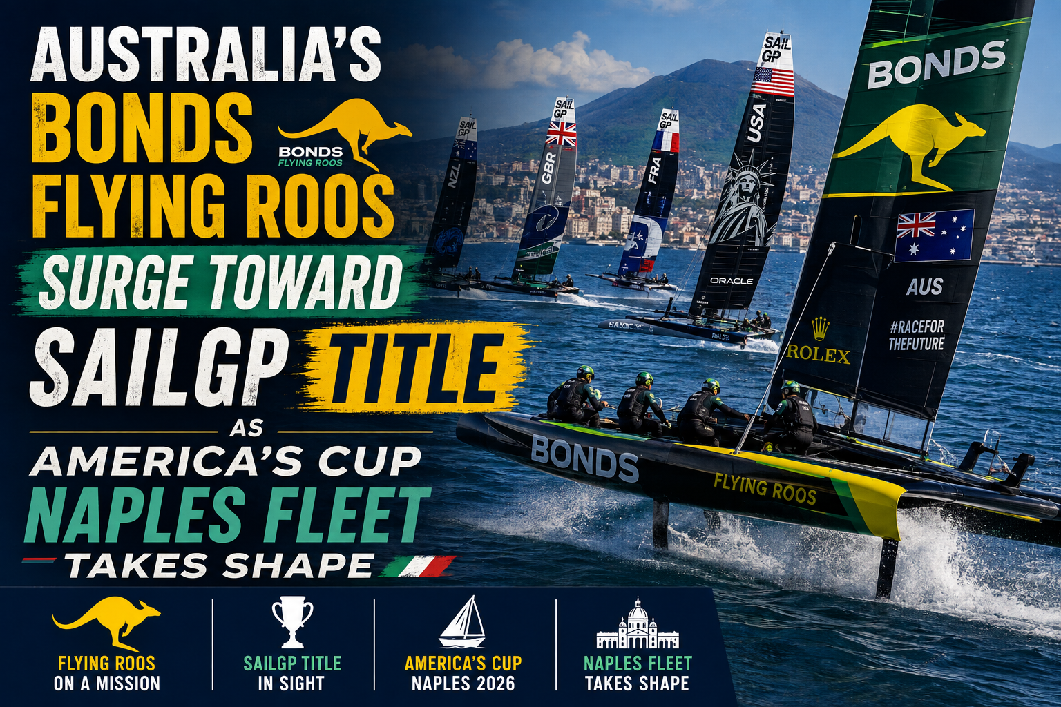 Sailgp 2026 america's cup update: Australia's BONDS Flying Roos lead the 2026 SailGP season with four wins as the 2027 America's Cup fleet in Naples fills.